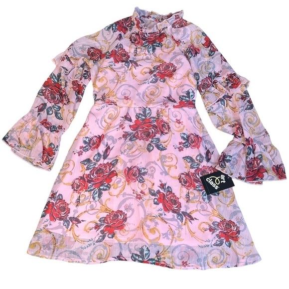 NWT Art Class Pink Floral Ruffle Dress with Slip Girls 7/8 Long Sleeve - Picture 1 of 6